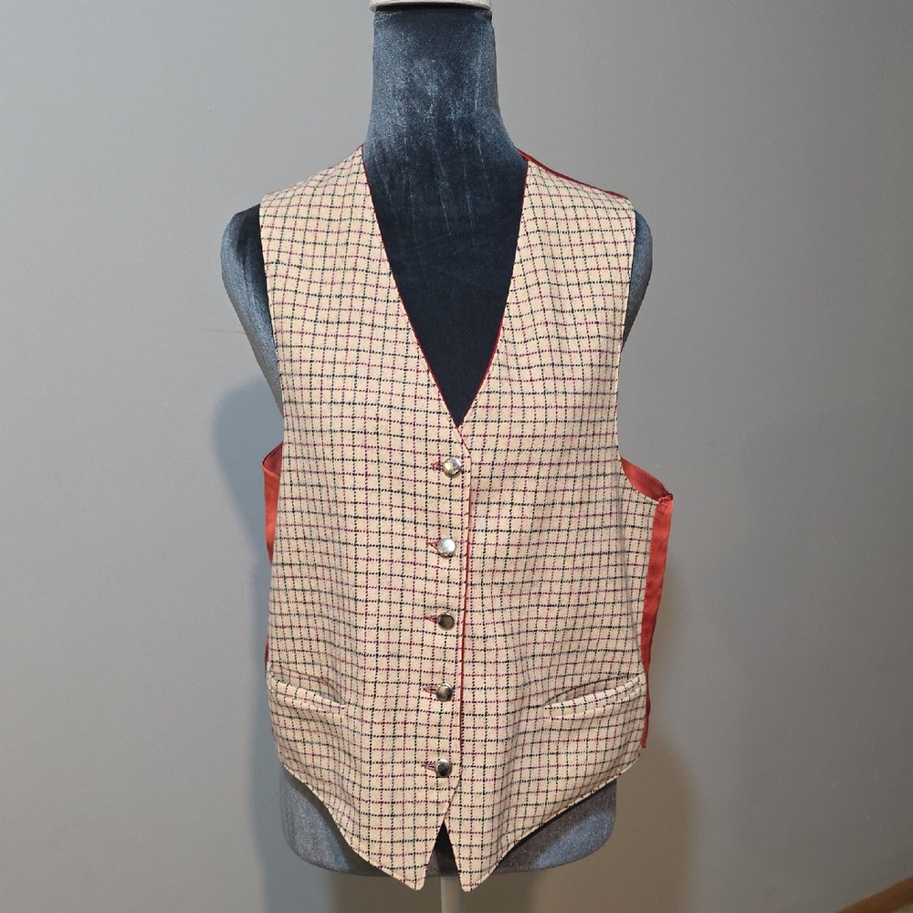 Plaid Wool Blend Vest with Red Backing